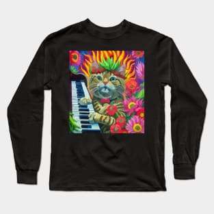 cat playing piano with nature Long Sleeve T-Shirt